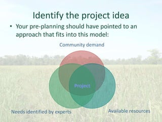 Identify the project idea
• Your pre-planning should have pointed to an
approach that fits into this model:
Community demand

Project

Needs identified by experts

Available resources

 