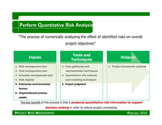 Inputs
Tools and
Techniques
Outputs
Perform Quantitative Risk Analysis
“The process of numerically analyzing the effect of identified risks on overall
project objectives”
1. Risk management plan
2. Cost management plan
3. Schedule management plan
4. Risk register
5. Enterprise environmental
factors
6. Organizational process
assets
1. Data gathering and
representation techniques
2. Quantitative risk analysis
and modeling techniques
3. Expert judgment
1. Project documents updates
The key benefit of this process is that it produces quantitative risk information to support
decision making in order to reduce project uncertainty.
PROJECT RISK MANAGEMENT February 2016
 