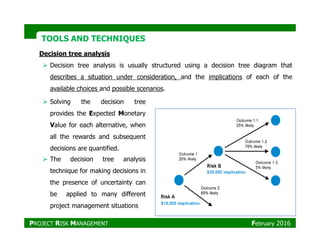 TOOLS AND TECHNIQUESTOOLS AND TECHNIQUES
Decision tree analysis
Decision tree analysis is usually structured using a decision tree diagram that
describes a situation under consideration, and the implications of each of the
available choices and possible scenarios.
Solving the decision tree
provides the Expected Monetary
Value for each alternative, whenValue for each alternative, when
all the rewards and subsequent
decisions are quantified.
The decision tree analysis
technique for making decisions in
the presence of uncertainty can
be applied to many different
project management situations
PROJECT RISK MANAGEMENT February 2016
 