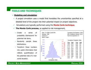 TOOLS AND TECHNIQUESTOOLS AND TECHNIQUES
Modeling and simulation
A project simulation uses a model that translates the uncertainties specified at a
detailed level of the project into their potential impact on project objectives.
Simulations are typically performed using the Monte Carlo technique.
The Monte Carlo process, as applied to risk management,
• Create a series of
probability distributions for
Date: 7/11/2004 2:24:06 PM
Samples: 1000
Completion Std Deviation: 8.36 d
95% Confidence Interval: 0.52 d
probability distributions for
potential risk items.
• Randomly sample these
distributions.
• Transform these numbers
into useful information that
reflects quantification of
the potential risks of a real-
world situation.
Unique ID: 1
Name: Project
Each bar represents 3 d
Completion Date
Frequency
CumulativeProbability
3/11/31 4/5
0.1
0.2
0.3
0.4
0.5
0.6
0.7
0.8
0.9
1.0
0.02
0.04
0.06
0.08
0.10
0.12
0.14
0.16 Completion Probability Table
Prob ProbDate Date
0.05 2/10
0.10 2/15
0.15 2/17
0.20 2/18
0.25 2/22
0.30 2/23
0.35 2/24
0.40 2/25
0.45 2/28
0.50 3/1
0.55 3/2
0.60 3/3
0.65 3/4
0.70 3/7
0.75 3/9
0.80 3/11
0.85 3/14
0.90 3/17
0.95 3/21
1.00 4/5
PROJECT RISK MANAGEMENT February 2016
 