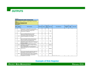 OUTPUTSOUTPUTS
Example of Risk Register
PROJECT RISK MANAGEMENT February 2016
 
