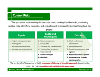 Inputs
Tools and
Techniques
Outputs
Control Risks
“The process of implementing risk response plans, tracking identified risks, monitoring
residual risks, identifying new risks, and evaluating risk process effectiveness throughout the
project”
1. Project management plan
2. Risk register
3. Work performance data
4. Work performance reports
1. Risk reassessment
2. Risk audits
3. Variance and trend analysis
4. Technical performance
measurement
5. Reserve analysis
6. Meetings
1. Work performance
information
2. Change requests
3. Project management plan
updates
4. Project document updates
5. Organizational process
assets updates
The key benefit of this process is that it improves efficiency of the risk approach throughout the
project life cycle to continuously optimize risk responses
PROJECT RISK MANAGEMENT February 2016
 