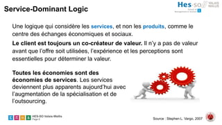 HES-SO Valais-Wallis
Page 6
Service-Dominant Logic
Une logique qui considère les services, et non les produits, comme le
centre des échanges économiques et sociaux.
Le client est toujours un co-créateur de valeur. Il n’y a pas de valeur
avant que l’offre soit utilisées, l’expérience et les perceptions sont
essentielles pour déterminer la valeur.
Source : Stephen L. Vargo, 2007
Toutes les économies sont des
économies de services. Les services
deviennent plus apparents aujourd’hui avec
l’augmentation de la spécialisation et de
l’outsourcing.
 