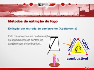 Métodos de extinção do fogoMétodos de extinção do fogo
Extinção por retirada do comburente (Abafamento)
Este método consiste na diminuição
ou impedimento do contato de
oxigênio com o combustível.
calor
combustível
oxigênio
 