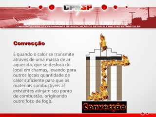 Convecção
Convecção
É quando o calor se transmite
através de uma massa de ar
aquecida, que se desloca do
local em chamas, levando para
outros locais quantidade de
calor suficiente para que os
materiais combustíveis aí
existentes atinjam seu ponto
de combustão, originando
outro foco de fogo.
 