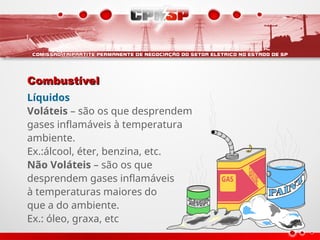 Combustível
Combustível
Líquidos
Voláteis – são os que desprendem
gases inflamáveis à temperatura
ambiente.
Ex.:álcool, éter, benzina, etc.
Não Voláteis – são os que
desprendem gases inflamáveis
à temperaturas maiores do
que a do ambiente.
Ex.: óleo, graxa, etc
 