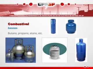Combustível
Combustível
Gasosos
Butano, propano, etano, etc.
 