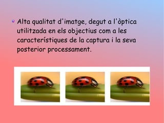 Alta qualitat d'imatge, degut a l'ptica
utilitzada en els objectius com a les
caracterstiques de la captura i la seva
posterior processament.
 