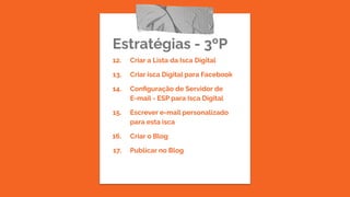 Estratégias - 3ºP
12. Criar a Lista da Isca Digital
13. Criar isca Digital para Facebook
14. Conﬁguração de Servidor de
E-mail - ESP para Isca Digital
15. Escrever e-mail personalizado
para esta isca
16. Criar o Blog
17. Publicar no Blog
 