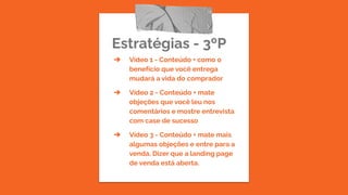 Estratégias - 3ºP
➔ Vídeo 1 - Conteúdo + como o
benefício que você entrega
mudará a vida do comprador
➔ Vídeo 2 - Conteúdo + mate
objeções que você leu nos
comentários e mostre entrevista
com case de sucesso
➔ Vídeo 3 - Conteúdo + mate mais
algumas objeções e entre para a
venda. Dizer que a landing page
de venda está aberta.
 
