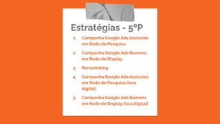 Estratégias - 5ºP
1. Campanha Google Ads Anúncios
em Rede de Pesquisa
2. Campanha Google Ads Banners
em Rede de Display
3. Remarketing
4. Campanha Google Ads Anúncios
em Rede de Pesquisa (isca
digital)
5. Campanha Google Ads Banners
em Rede de Display (isca digital)
 