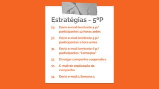 Estratégias - 5ºP
29. Envio e-mail lembrete 4 p/
participantes 12 horas antes
30. Envio e-mail lembrete 5 p/
participantes 1 hora antes
31. Envio e-mail lembrete 6 p/
participantes “Começou”
32. Divulgar campanha cooperativa
33. E-mail de explicação da
campanha
34. Envio e-mail 1 Semana 1
 