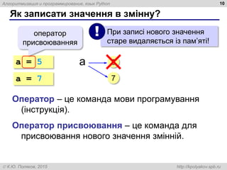Алгоритмизация и программирование, язык Python
 К.Ю. Поляков, 2015 http://kpolyakov.spb.ru
Як записати значення в змінну?
10
a = 5
оператор
присвоюванняя
При записі нового значення
старе видаляється із пам’яті!
!
5
Оператор – це команда мови програмування
(інструкція).
Оператор присвоювання – це команда для
присвоювання нового значення змінній.
a
a = 7 7
 