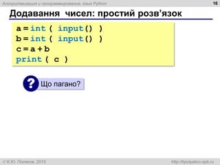 Алгоритмизация и программирование, язык Python
 К.Ю. Поляков, 2015 http://kpolyakov.spb.ru
Додавання чисел: простий розв’язок
16
a = int ( input() )
b = int ( input() )
c = a + b
print ( c )
Що пагано?
?
 
