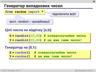 Алгоритмизация и программирование, язык Python
 К.Ю. Поляков, 2015 http://kpolyakov.spb.ru
Генератор випадкових чисел
24
Генератор на [0,1):
X = random() # псевдослучайне число
Y = random() # це вже інше число!
Цілі числа на відрізку [a,b]:
X = randint(10,60) # псевдослучайне число
Y = randint(10,60) # це вже інше число!
from random import *
англ. random – випадковий
підключити все!
 