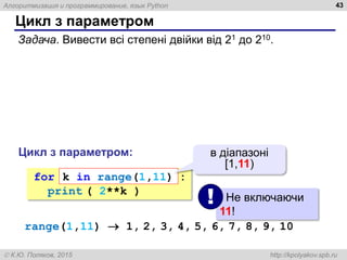 Алгоритмизация и программирование, язык Python
 К.Ю. Поляков, 2015 http://kpolyakov.spb.ru
Цикл з параметром
43
Задача. Вивести всі степені двійки від 21 до 210.
for :
print ( 2**k )
k in range(1,11)
в діапазоні
[1,11)
Цикл з параметром:
Не включаючи
11!
!
range(1,11)  1, 2, 3, 4, 5, 6, 7, 8, 9, 10
 