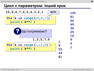 Алгоритмизация и программирование, язык Python
 К.Ю. Поляков, 2015 http://kpolyakov.spb.ru
Цикл с параметром: інший крок
44
100
81
64
49
36
25
16
9
4
1
Що потримаємо?
?
1
9
25
49
81
for :
print ( k**2 )
k in range(1,11,2)
for :
print ( k**2 )
k in range(10,0,-1)
крок
10,9,8,7,6,5,4,3,2,1
1,3,5,7,9
 