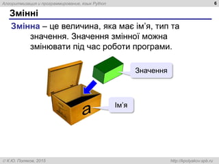 Алгоритмизация и программирование, язык Python
 К.Ю. Поляков, 2015 http://kpolyakov.spb.ru
Змінні
6
Змінна – це величина, яка має ім’я, тип та
значення. Значення змінної можна
змінювати під час роботи програми.
Значення
Ім’я
 