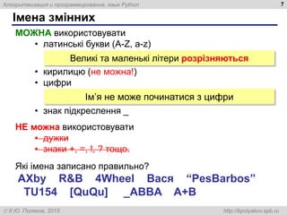Алгоритмизация и программирование, язык Python
 К.Ю. Поляков, 2015 http://kpolyakov.spb.ru
Імена змінних
7
МОЖНА використовувати
• латинські букви (A-Z, a-z)
• кирилицю (не можна!)
• цифри
• знак підкреслення _
Великі та маленькі літери розрізняються
НЕ можна використовувати
• дужки
• знаки +, =, !, ? тощо.
Ім’я не може починатися з цифри
Які імена записано правильно?
AXby R&B 4Wheel Вася “PesBarbos”
TU154 [QuQu] _ABBA A+B
 