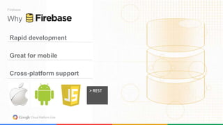Firebase 
Why 
Rapid development 
Great for mobile 
Cross-platform support 
 