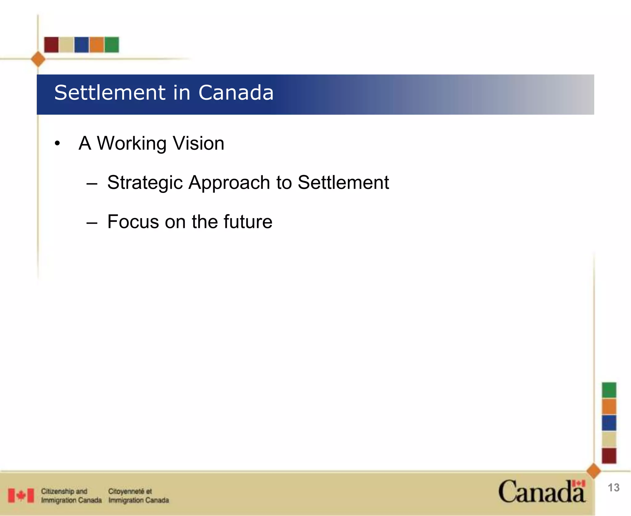Settlement in Canada 
• A Working Vision 
– Strategic Approach to Settlement 
– Focus on the future 
13 
 