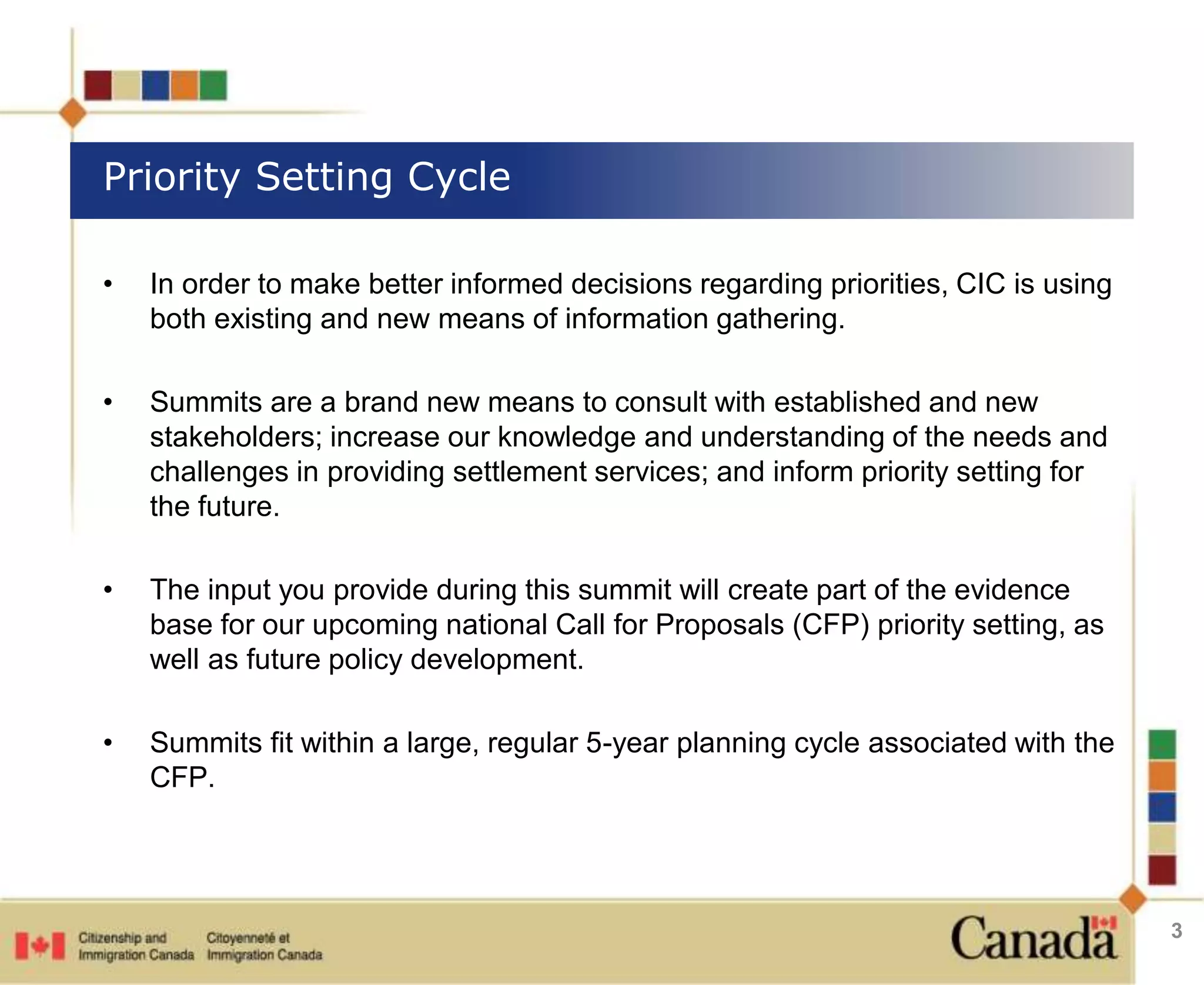 Priority Setting Cycle 
• In order to make better informed decisions regarding priorities, CIC is using 
both existing and new means of information gathering. 
• Summits are a brand new means to consult with established and new 
stakeholders; increase our knowledge and understanding of the needs and 
challenges in providing settlement services; and inform priority setting for 
the future. 
• The input you provide during this summit will create part of the evidence 
base for our upcoming national Call for Proposals (CFP) priority setting, as 
well as future policy development. 
• Summits fit within a large, regular 5-year planning cycle associated with the 
CFP. 
3 
 