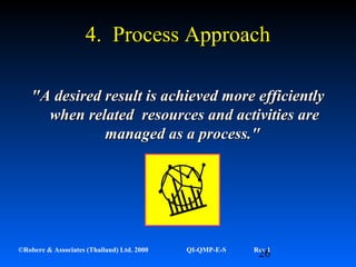26©Robere & Associates (Thailand) Ltd. 2000 QI-QMP-E-S Rev 1
4. Process Approach4. Process Approach
"A desired result is achieved more efficiently"A desired result is achieved more efficiently
when related resources and activities arewhen related resources and activities are
managed as a process."managed as a process."
 