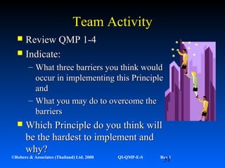 31©Robere & Associates (Thailand) Ltd. 2000 QI-QMP-E-S Rev 1
Team ActivityTeam Activity
 Review QMP 1-4Review QMP 1-4
 Indicate:Indicate:
– What three barriers you think wouldWhat three barriers you think would
occur in implementing this Principleoccur in implementing this Principle
andand
– What you may do to overcome theWhat you may do to overcome the
barriersbarriers
 Which Principle do you think willWhich Principle do you think will
be the hardest to implement andbe the hardest to implement and
why?why?
 