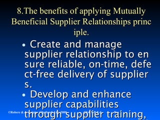 53©Robere & Associates (Thailand) Ltd. 2000 QI-QMP-E-S Rev 1
•Create and manageCreate and manage
supplier relationship to ensupplier relationship to en
sure reliable, on-time, defesure reliable, on-time, defe
ct-free delivery of supplierct-free delivery of supplier
s.s.
•Develop and enhanceDevelop and enhance
supplier capabilitiessupplier capabilities
through supplier training,through supplier training,
8.8.The benefits of applyingThe benefits of applying MutuallyMutually
BBeneficialeneficial SSupplierupplier RRelationships princelationships princ
iple.iple.
 