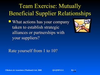 54©Robere & Associates (Thailand) Ltd. 2000 QI-QMP-E-S Rev 1
Team Exercise: MutuallyTeam Exercise: Mutually
Beneficial Supplier RelationshipsBeneficial Supplier Relationships
 What actions has your companyWhat actions has your company
taken to establish strategictaken to establish strategic
alliances or partnerships withalliances or partnerships with
your suppliers?your suppliers?
Rate yourself from 1 to 10?Rate yourself from 1 to 10?
 