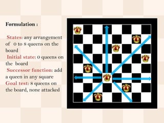 Formulation :

 States: any arrangement
of 0 to 8 queens on the
board
 Initial state: 0 queens on
the board
 Successor function: add
a queen in any square
Goal test: 8 queens on
the board, none attacked
 
