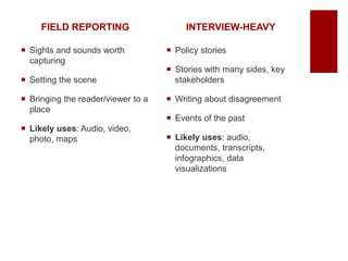 FIELD REPORTING
 Sights and sounds worth
capturing
 Setting the scene
 Bringing the reader/viewer to a
place
 Likely uses: Audio, video,
photo, maps
INTERVIEW-HEAVY
 Policy stories
 Stories with many sides, key
stakeholders
 Writing about disagreement
 Events of the past
 Likely uses: audio,
documents, transcripts,
infographics, data
visualizations
 