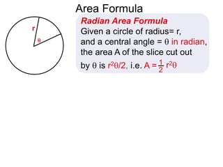 r

Area Formula
Radian Area Formula
Given a circle of radius= r,
and a central angle =  in radian,
the area A of the slice cut out
by  is r2/2, i.e. A = r21
2
 