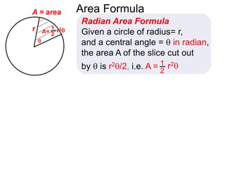 r

A = area Area Formula
Radian Area Formula
Given a circle of radius= r,
and a central angle =  in radian,
the area A of the slice cut out
by  is r2/2, i.e. A = r21
2
A= r21
2
 