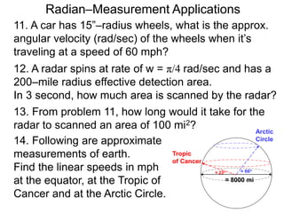 Radian–Measurement Applications
11. A car has 15”–radius wheels, what is the approx.
angular velocity (rad/sec) of the wheels when it’s
traveling at a speed of 60 mph?
12. A radar spins at rate of w = π/4 rad/sec and has a
200–mile radius effective detection area.
In 3 second, how much area is scanned by the radar?
13. From problem 11, how long would it take for the
radar to scanned an area of 100 mi2?
≈ 8000 mi
Tropic
of Cancer
Arctic
Circle
≈ 23o ≈ 66o
14. Following are approximate
measurements of earth.
Find the linear speeds in mph
at the equator, at the Tropic of
Cancer and at the Arctic Circle.
 
