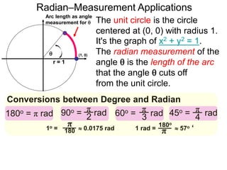 Arc length as angle
measurement for 
Radian–Measurement Applications

r = 1
Conversions between Degree and Radian
π
180 π
180o
The unit circle is the circle
centered at (0, 0) with radius 1.
It's the graph of x2 + y2 = 1.
The radian measurement of the
angle  is the length of the arc
that the angle  cuts off
from the unit circle.
1o =  0.0175 rad 1 rad =  57o ‘
180o = π rad 90o = radπ
2 60o = radπ
3 45o = radπ
4
(1, 0)
 