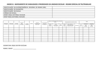 ANEXO III - MAPEAMENTO DE VIABILIDADES E PRIORIDADES DA UNIDADE ESCOLAR - REGIME ESPECIAL DE TELETRABALHO
IDENTIFICAÇÃO DA SUPERINTENDÊNCIA REGIONAL DE ENSINO (SRE):
IDENTIFICAÇÃO DO MUNICÍPIO:
IDENTIFICAÇÃO DA ESCOLA:
CÓDIGO DA ESCOLA:
NOME DO(A) GESTOR(A) ESCOLAR:
MASP DO(A) GESTOR(A) ESCOLAR:
NOME DO(A)
SERVIDOR(A)
MASP DO(A)
SERVIDOR(A)
CPF DO(A)
SERVIDOR(A)
ADMISSÃO
DO(A)
SERVIDOR(A)
SITUAÇÃO
FUNCIONAL
CARREIRA
CARGO EM
COMISSÃO/FUNÇÃO
GRATIFICADA
ESTÁ EM REGIME
ESPECIAL DE
TELETRABALHO?
FORMAS DE COMUNICAÇÃO COM O SERVIDOR
(CITAR) ENQUADRAMENTO EM GRUPO DE RISCO
GREVE
TELEFONE
(FIXO OU
CELULAR)
E-MAIL
(INSTITUCIONAL
OU PESSOAL)
REDES
SOCIAIS
MAIOR
DE 60
ANOS?
DOENÇA CRÔNICA OU
MOTIVO QUE CAUSE
IMUNOSSUPRESSÃO?
GESTANTE?
ESTÁ
EM
GREVE?
QUANTIDADE
DE DIAS EM
GREVE
(MENSAL)
QUANTIDADE
DE HORAS EM
GREVE
(MENSAL)
ASSINATURA DO(A) GESTOR ESCOLAR:
NOME E MASP: _______________________________
 
