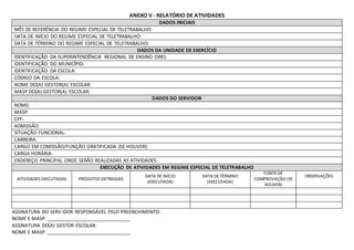 ANEXO V - RELATÓRIO DE ATIVIDADES
DADOS INICIAIS
MÊS DE REFERÊNCIA DO REGIME ESPECIAL DE TELETRABALHO:
DATA DE INÍCIO DO REGIME ESPECIAL DE TELETRABALHO:
DATA DE TÉRMINO DO REGIME ESPECIAL DE TELETRABALHO:
DADOS DA UNIDADE DE EXERCÍCIO
IDENTIFICAÇÃO DA SUPERINTENDÊNCIA REGIONAL DE ENSINO (SRE):
IDENTIFICAÇÃO DO MUNICÍPIO:
IDENTIFICAÇÃO DA ESCOLA:
CÓDIGO DA ESCOLA:
NOME DO(A) GESTOR(A) ESCOLAR:
MASP DO(A) GESTOR(A) ESCOLAR:
DADOS DO SERVIDOR
NOME:
MASP:
CPF:
ADMISSÃO:
SITUAÇÃO FUNCIONAL:
CARREIRA:
CARGO EM COMISSÃO/FUNÇÃO GRATIFICADA (SE HOUVER):
CARGA HORÁRIA:
ENDEREÇO PRINCIPAL ONDE SERÃO REALIZADAS AS ATIVIDADES:
EXECUÇÃO DE ATIVIDADES EM REGIME ESPECIAL DE TELETRABALHO
ATIVIDADES EXECUTADAS PRODUTOS ENTREGUES
DATA DE INÍCIO
(EXECUTADA)
DATA DE TÉRMINO
(EXECUTADA)
FONTE DE
COMPROVAÇÃO (SE
HOUVER)
OBSERVAÇÕES
ASSINATURA DO SERV IDOR RESPONSÁVEL PELO PREENCHIMENTO:
NOME E MASP: _______________________________
ASSINATURA DO(A) GESTOR ESCOLAR:
NOME E MASP: _______________________________
 