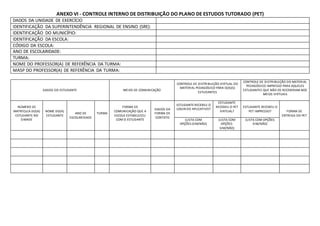 ANEXO VI - CONTROLE INTERNO DE DISTRIBUIÇÃO DO PLANO DE ESTUDOS TUTORADO (PET)
DADOS DA UNIDADE DE EXERCÍCIO
IDENTIFICAÇÃO DA SUPERINTENDÊNCIA REGIONAL DE ENSINO (SRE):
IDENTIFICAÇÃO DO MUNICÍPIO:
IDENTIFICAÇÃO DA ESCOLA:
CÓDIGO DA ESCOLA:
ANO DE ESCOLARIDADE:
TURMA:
NOME DO PROFESSOR(A) DE REFERÊNCIA DA TURMA:
MASP DO PROFESSOR(A) DE REFERÊNCIA DA TURMA:
DADOS DO ESTUDANTE MEIOS DE COMUNICAÇÃO
CONTROLE DE DISTRIBUIÇÃO VIRTUAL DO
MATERIAL PEDAGÓGICO PARA O(A)(S)
ESTUDANTES
CONTROLE DE DISTRIBUIÇÃO DO MATERIAL
PEDAGÓGICO IMPRESSO PARA AQUELES
ESTUDANTES QUE NÃO OS RECEBERAM NOS
MEIOS VIRTUAIS
NÚMERO DE
MATRÍCULA DO(A)
ESTUDANTE NO
SIMADE
NOME DO(A)
ESTUDANTE
ANO DE
ESCOLARIDADE
TURMA
FORMA DE
COMUNICAÇÃO QUE A
ESCOLA ESTABELECEU
COM O ESTUDANTE
DADOS DA
FORMA DE
CONTATO
ESTUDANTE RECEBEU O
LOGIN DO APLICATIVO?
ESTUDANTE
RECEBEU O PET
VIRTUAL?
ESTUDANTE RECEBEU O
PET IMPRESSO? FORMA DE
ENTREGA DO PET
(LISTA COM
OPÇÕES:SIM/NÃO)
(LISTA COM
OPÇÕES:
SIM/NÃO)
(LISTA COM OPÇÕES:
SIM/NÃO)
 