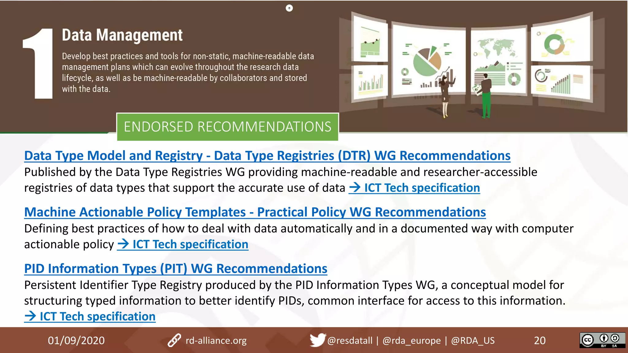 Data Type Model and Registry - Data Type Registries (DTR) WG Recommendations
Published by the Data Type Registries WG providing machine-readable and researcher-accessible
registries of data types that support the accurate use of data  ICT Tech specification
Machine Actionable Policy Templates - Practical Policy WG Recommendations
Defining best practices of how to deal with data automatically and in a documented way with computer
actionable policy  ICT Tech specification
PID Information Types (PIT) WG Recommendations
Persistent Identifier Type Registry produced by the PID Information Types WG, a conceptual model for
structuring typed information to better identify PIDs, common interface for access to this information.
 ICT Tech specification
01/09/2020 20rd-alliance.org @resdatall | @rda_europe | @RDA_US
ENDORSED RECOMMENDATIONS
 