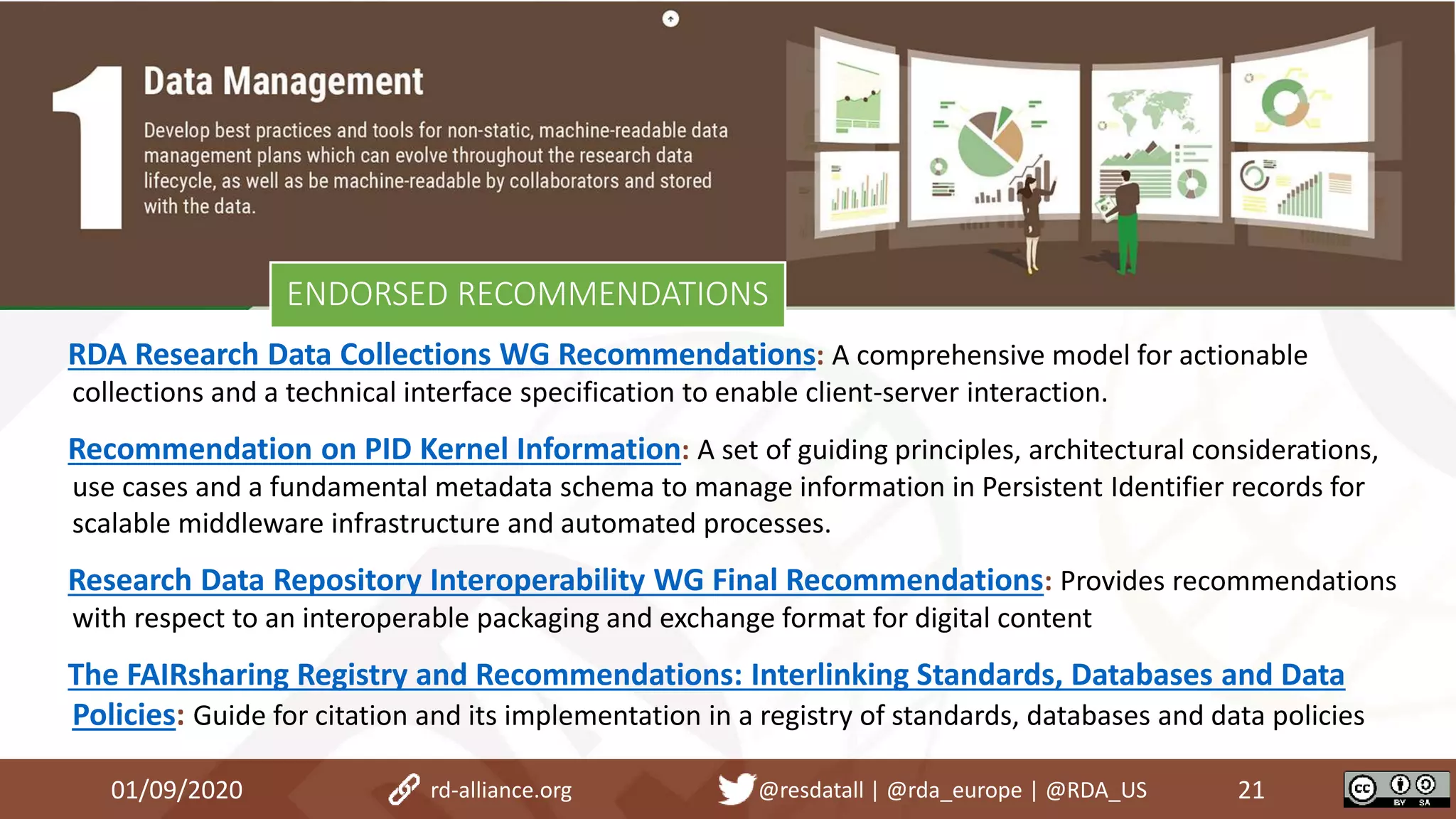 01/09/2020 21rd-alliance.org @resdatall | @rda_europe | @RDA_US
ENDORSED RECOMMENDATIONS
RDA Research Data Collections WG Recommendations: A comprehensive model for actionable
collections and a technical interface specification to enable client-server interaction.
Recommendation on PID Kernel Information: A set of guiding principles, architectural considerations,
use cases and a fundamental metadata schema to manage information in Persistent Identifier records for
scalable middleware infrastructure and automated processes.
Research Data Repository Interoperability WG Final Recommendations: Provides recommendations
with respect to an interoperable packaging and exchange format for digital content
The FAIRsharing Registry and Recommendations: Interlinking Standards, Databases and Data
Policies: Guide for citation and its implementation in a registry of standards, databases and data policies
 