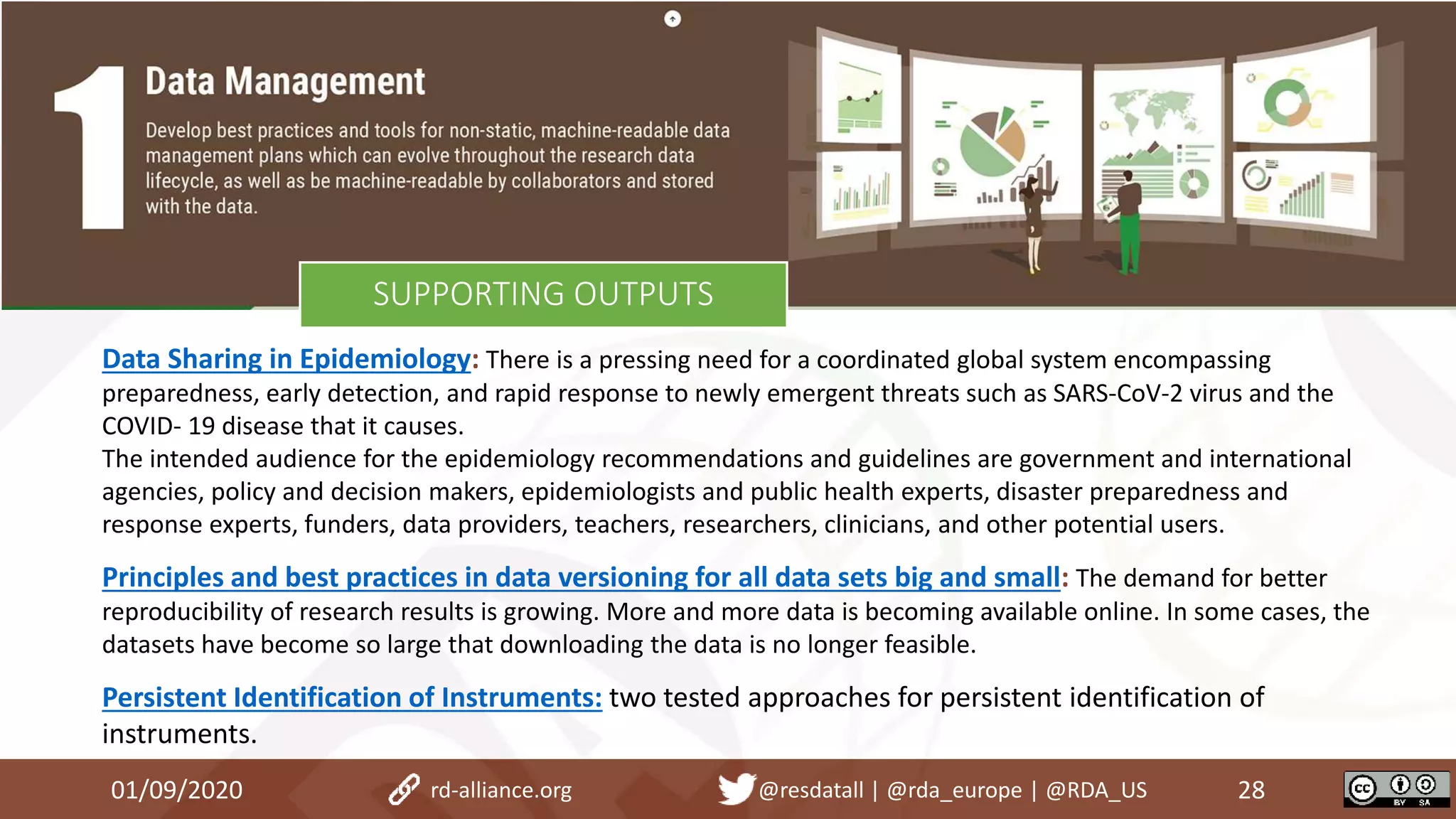 Data Sharing in Epidemiology: There is a pressing need for a coordinated global system encompassing
preparedness, early detection, and rapid response to newly emergent threats such as SARS-CoV-2 virus and the
COVID- 19 disease that it causes.
The intended audience for the epidemiology recommendations and guidelines are government and international
agencies, policy and decision makers, epidemiologists and public health experts, disaster preparedness and
response experts, funders, data providers, teachers, researchers, clinicians, and other potential users.
Principles and best practices in data versioning for all data sets big and small: The demand for better
reproducibility of research results is growing. More and more data is becoming available online. In some cases, the
datasets have become so large that downloading the data is no longer feasible.
Persistent Identification of Instruments: two tested approaches for persistent identification of
instruments.
01/09/2020 28rd-alliance.org @resdatall | @rda_europe | @RDA_US
SUPPORTING OUTPUTS
 