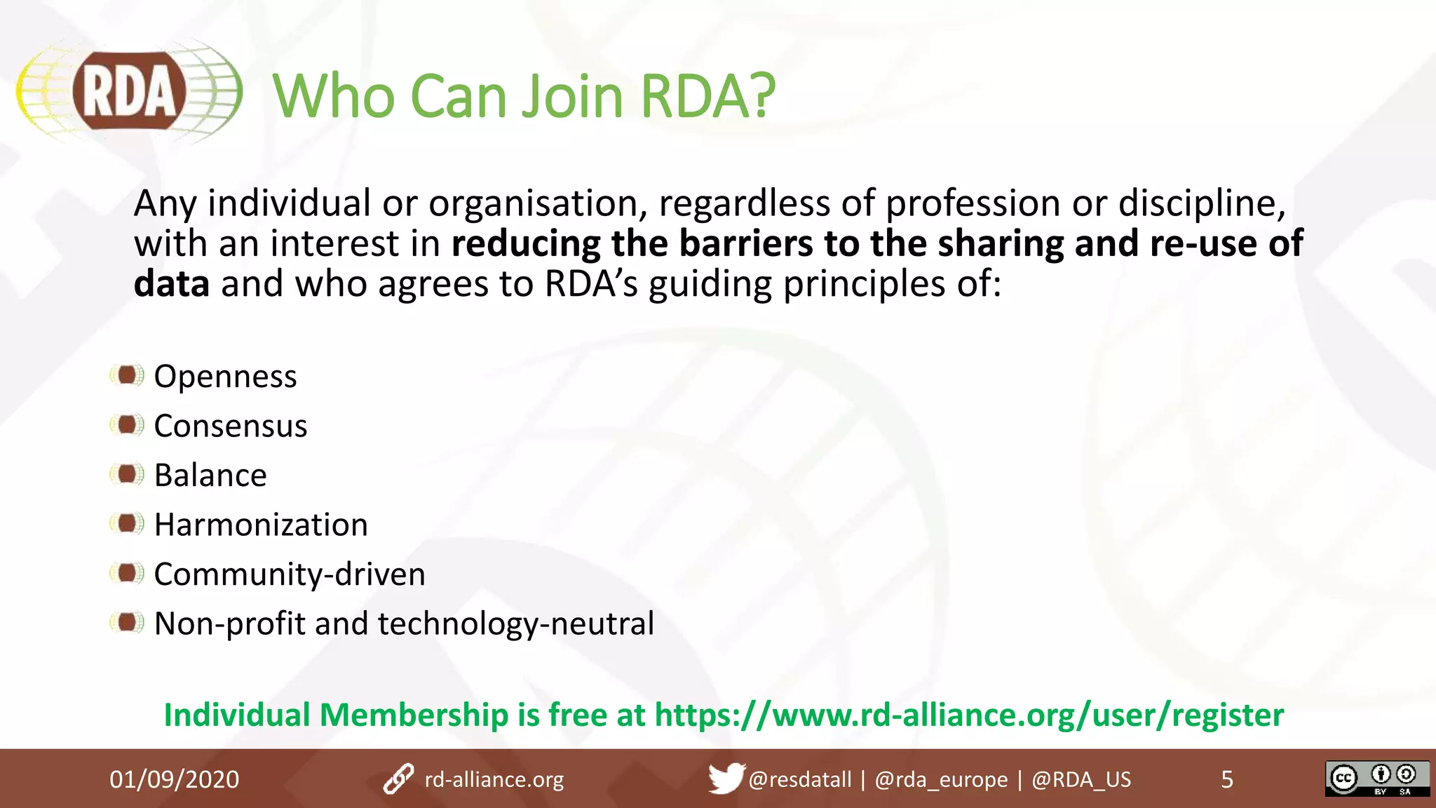 Who Can Join RDA?
Any individual or organisation, regardless of profession or discipline,
with an interest in reducing the barriers to the sharing and re-use of
data and who agrees to RDA’s guiding principles of:
Openness
Consensus
Balance
Harmonization
Community-driven
Non-profit and technology-neutral
Individual Membership is free at https://www.rd-alliance.org/user/register
01/09/2020 5rd-alliance.org @resdatall | @rda_europe | @RDA_US
 