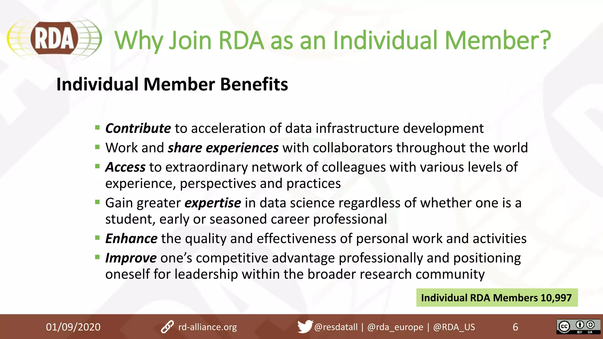 Why Join RDA as an Individual Member?
01/09/2020 6
Individual Member Benefits
 Contribute to acceleration of data infrastructure development
 Work and share experiences with collaborators throughout the world
 Access to extraordinary network of colleagues with various levels of
experience, perspectives and practices
 Gain greater expertise in data science regardless of whether one is a
student, early or seasoned career professional
 Enhance the quality and effectiveness of personal work and activities
 Improve one’s competitive advantage professionally and positioning
oneself for leadership within the broader research community
Individual RDA Members 10,997
rd-alliance.org @resdatall | @rda_europe | @RDA_US
 