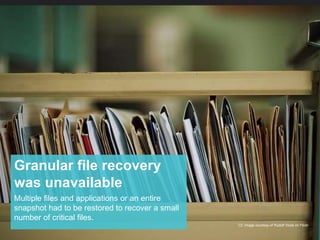 Granular file recovery 
was unavailable 
Multiple files and applications or an entire 
snapshot had to be restored to recover a small 
number of critical files. 
CC Image courtesy of Rudolf Vlcek on Flickr 
 
