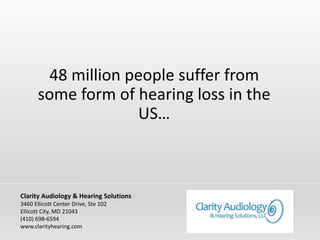 48 million people suffer from
some form of hearing loss in the
US…
Clarity Audiology & Hearing Solutions
3460 Ellicott Center Drive, Ste 102
Ellicott City, MD 21043
(410) 698-6594
www.clarityhearing.com
 
