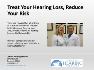 Treat Your Hearing Loss, Reduce
Your Risk
The good news is that all of these
risks can be avoided or reduced
by treating your hearing loss.
And, almost all forms of hearing
loss are highly treatable.
If you or someone you know
suspects hearing loss, schedule a
hearing test today.
Geneva Hearing Services
637 W State St
Geneva, IL 60134
(630) 618-2419
www.genevahearing.com
 