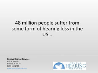 48 million people suffer from
some form of hearing loss in the
US…
Geneva Hearing Services
637 W State St
Geneva, IL 60134
(630) 618-2419
www.genevahearing.com
 