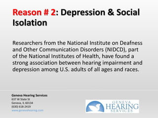 Reason # 2: Depression & Social
Isolation
Researchers from the National Institute on Deafness
and Other Communication Disorders (NIDCD), part
of the National Institutes of Health, have found a
strong association between hearing impairment and
depression among U.S. adults of all ages and races.
Geneva Hearing Services
637 W State St
Geneva, IL 60134
(630) 618-2419
www.genevahearing.com
 