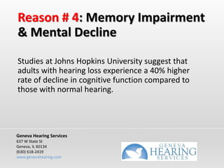 Reason # 4: Memory Impairment
& Mental Decline
Studies at Johns Hopkins University suggest that
adults with hearing loss experience a 40% higher
rate of decline in cognitive function compared to
those with normal hearing.
Geneva Hearing Services
637 W State St
Geneva, IL 60134
(630) 618-2419
www.genevahearing.com
 
